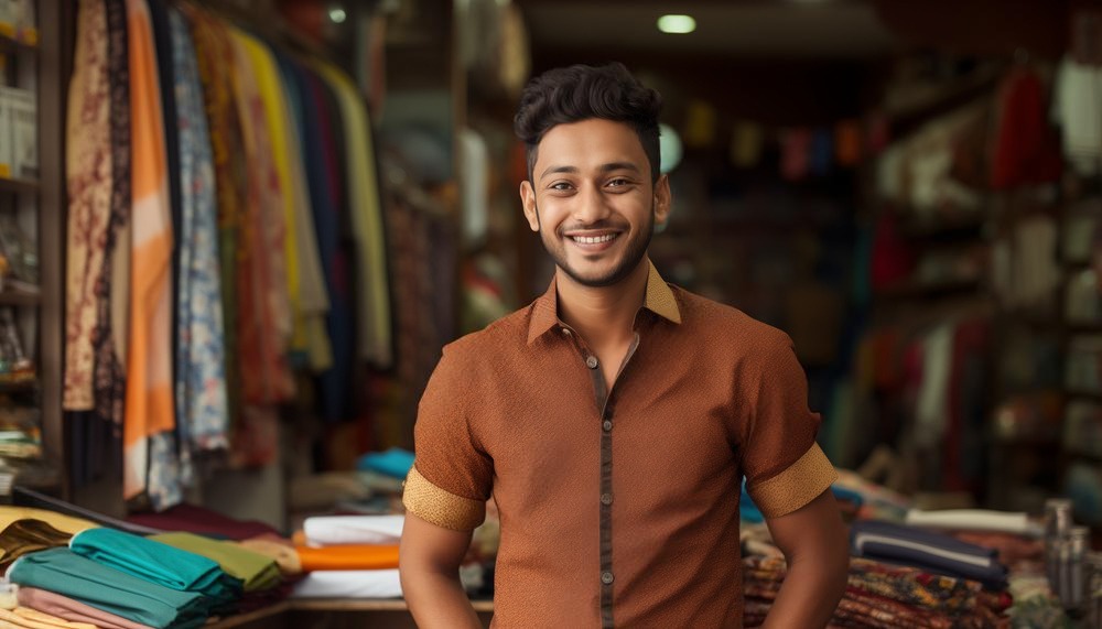 Shop owner browsing products on laptop and phone